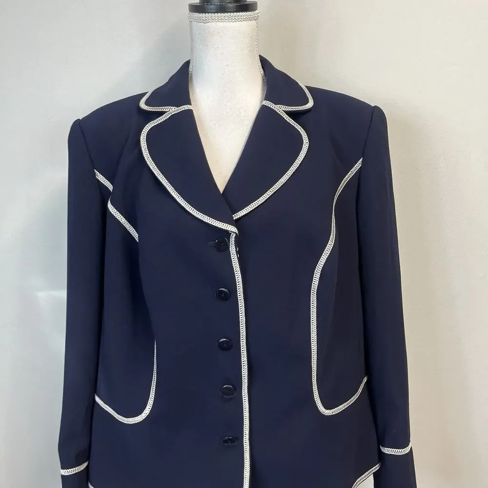 John Meyer Blazer Jacket Plus sz 16W Navy Blue Ivory Career Professional Wedding - Picture 2 of 9